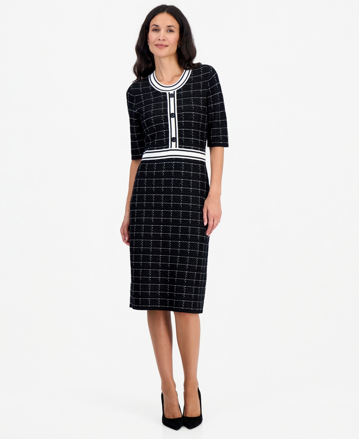 Sandra Darren Petite Plaid Scoop Neck Midi Sweater Dress In Black,white