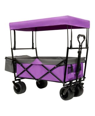 480Lbs Collapsible Wagon with Canopy,7" All-Terrain Wheels, Purple Mosquito Net Wagon Stroller for Camping, Shopping, Sports, Garden