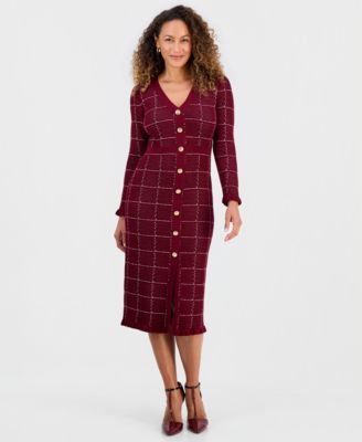 Petite Plaid-Print V-Neck Ruffle-Trim Sweater Midi Dress
