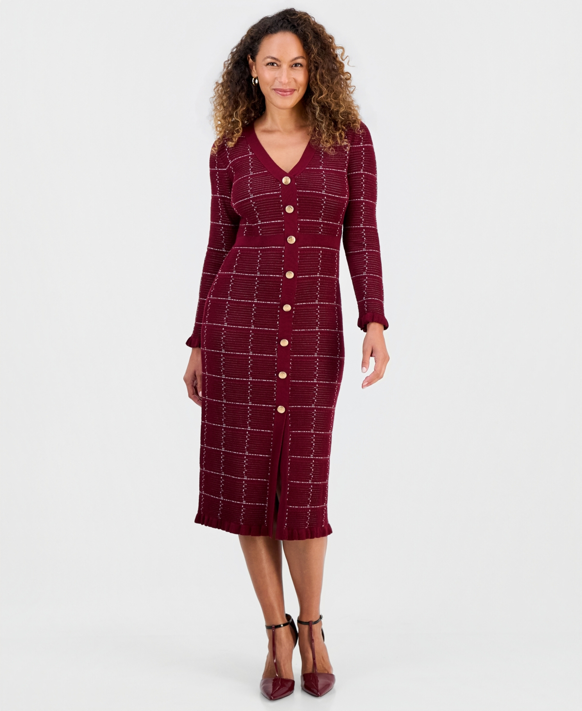 Sandra Darren Petite Plaid-print V-neck Ruffle-trim Sweater Midi Dress In Wine