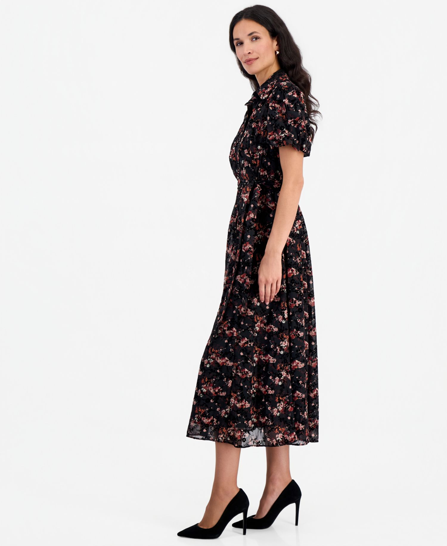 Petite Puff-Sleeve Floral Midi Shirt Dress