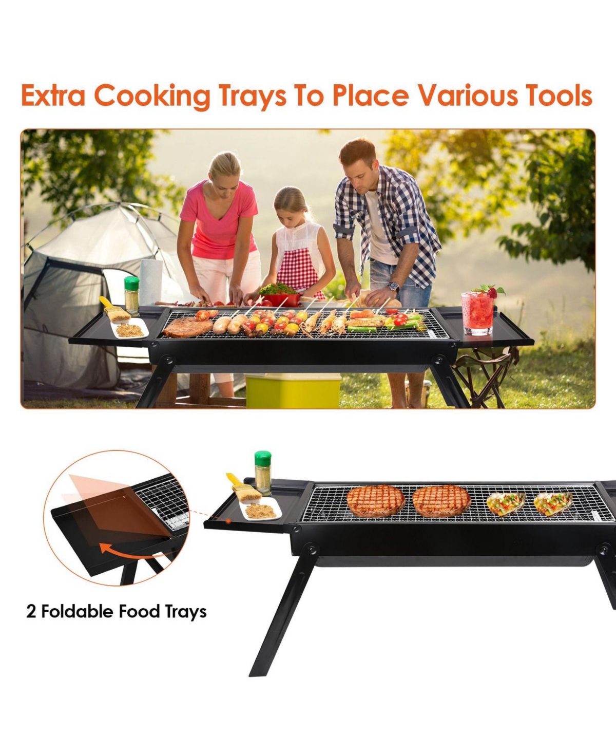 Mountaintop Foldable Charcoal Bbq Grill, w/ Shelf and Stainless Steel Net, Easy Setup, Portable Tabletop, for Camping, Picnic, Outdoor Party, Backyard