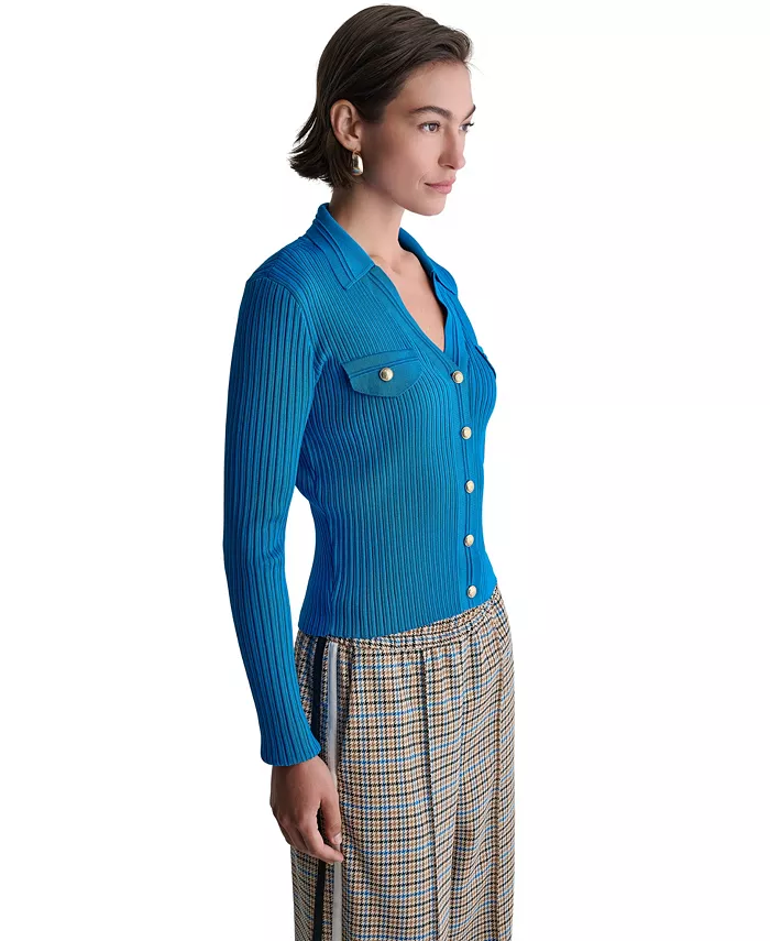 Women's Ribbed Knit Collared V-Neck Cardigan - thumbnail 10
