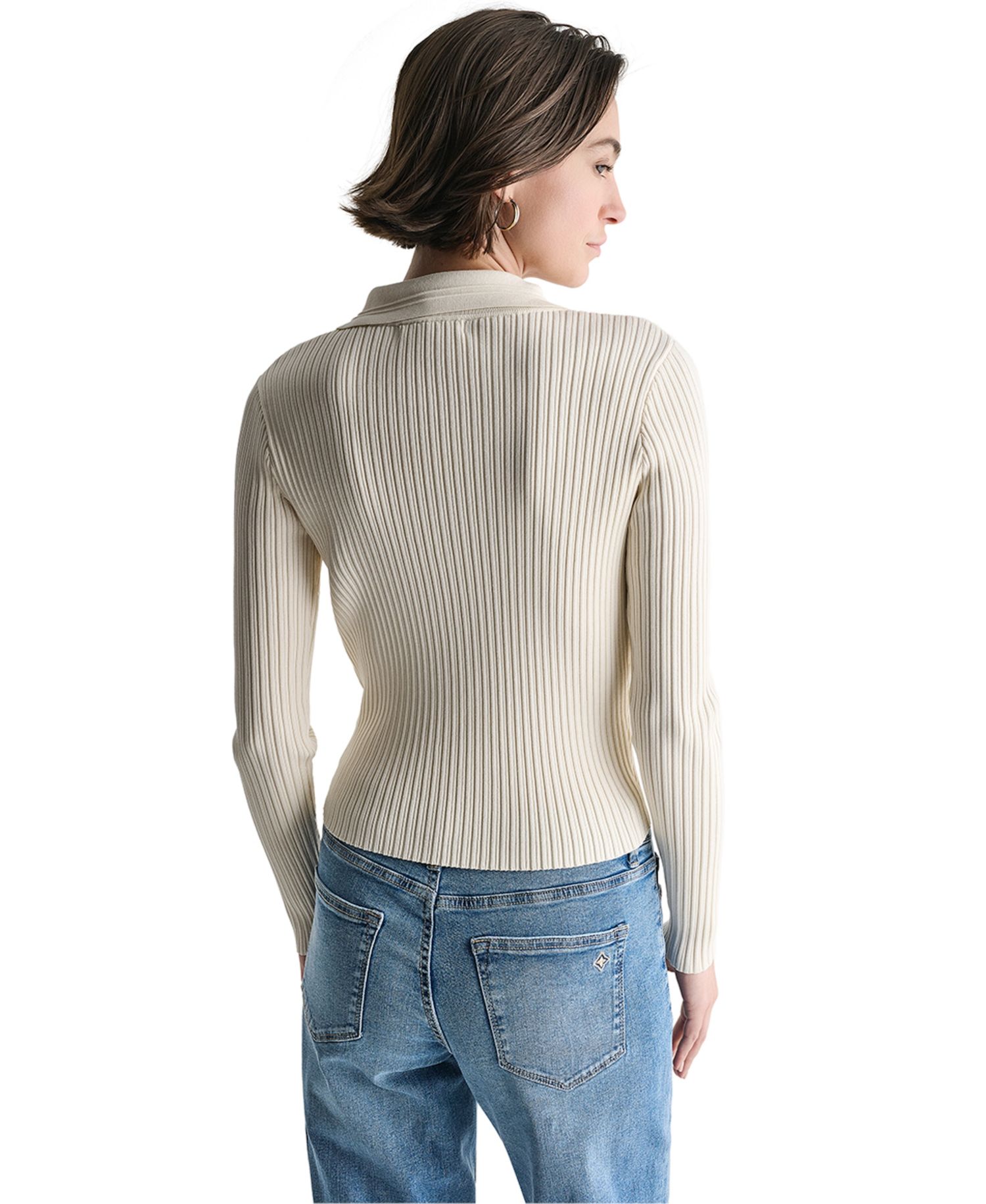 Women's Ribbed Knit Collared V-Neck Cardigan