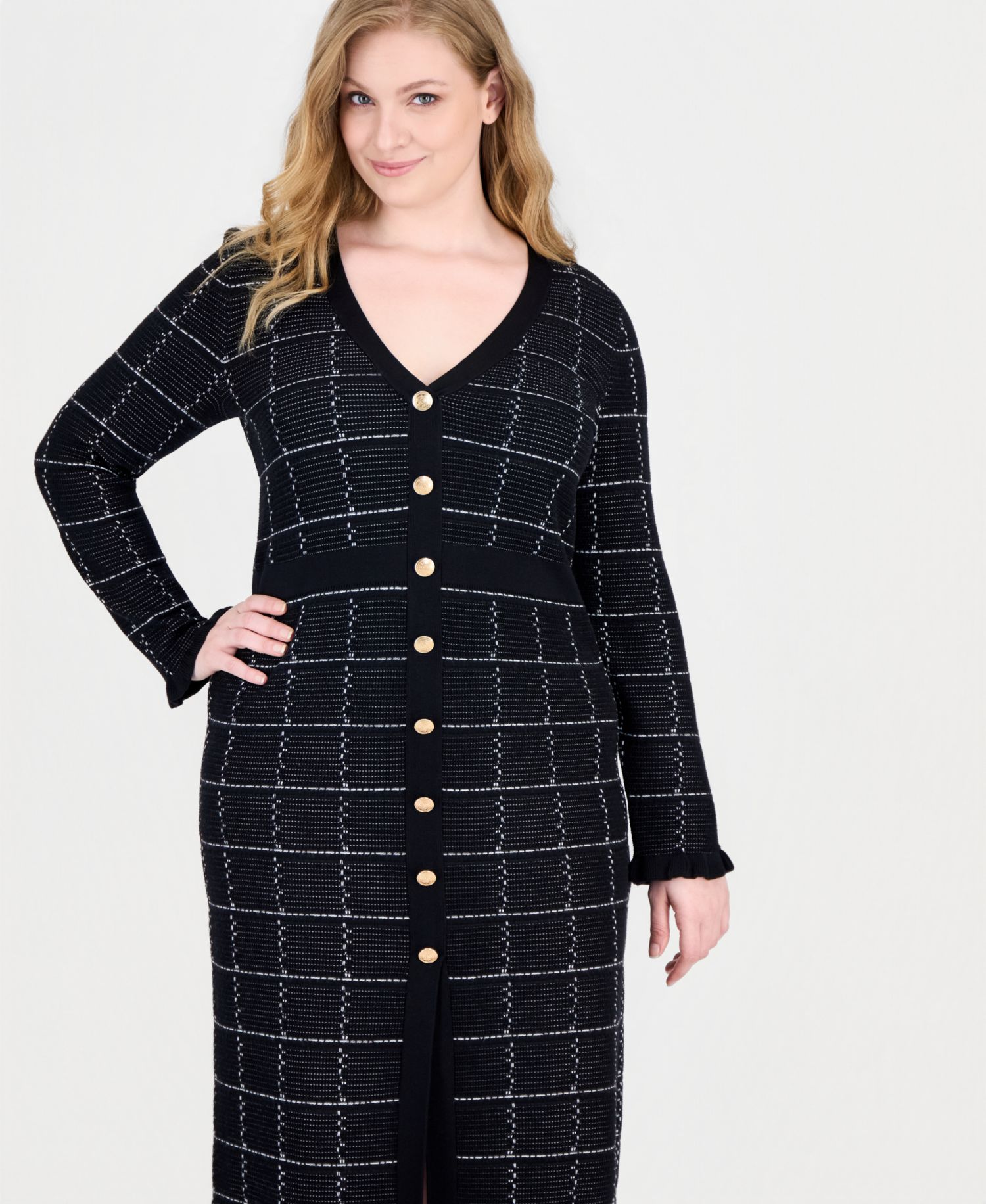 Plus Size Plaid Button-Front V-Neck Midi Sweater Dress