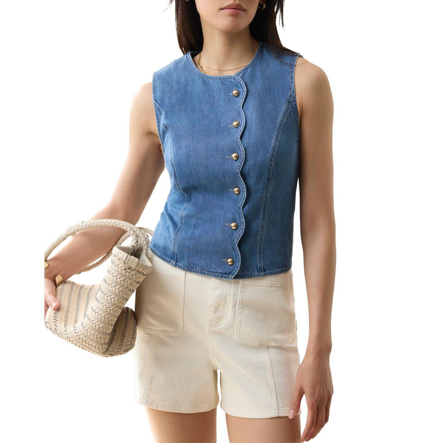 Women's Sleeveless Scallop Detail Denim Waistcoat