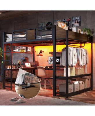Full Metal Loft Bed with L-Shaped Desk, LED Lights, Shelves and USB