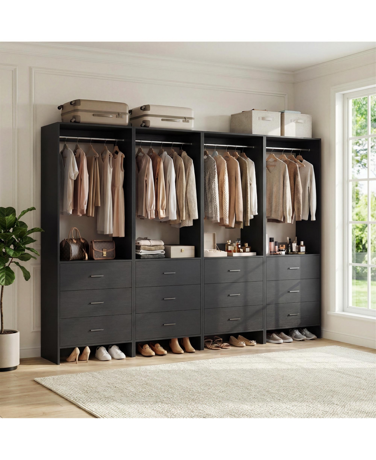 24" 4PC Freestanding Closet Organizer System with Hanging Rods and Drawers