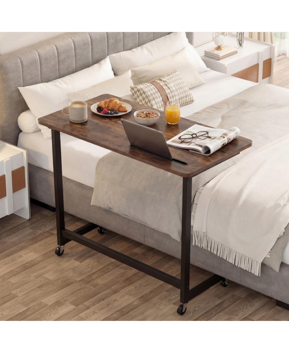 Sugift C-Shaped Mobile Side Table with Tablet Slot and Rolling Casters