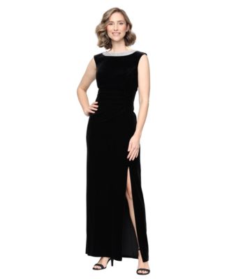 Petite Stretch Velvet Boat Neck Sleeveless Dress