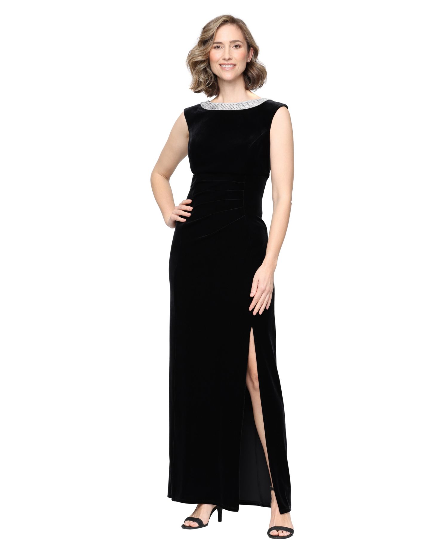 Petite Stretch Velvet Boat Neck Sleeveless Dress