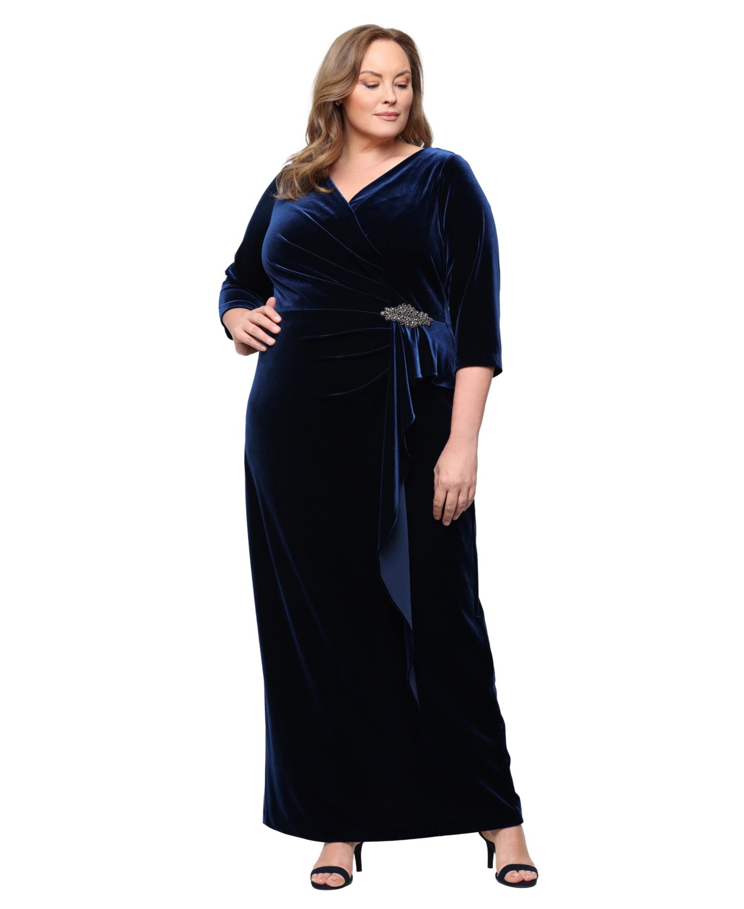 Plus Size Stretch Velvet Surplice Embellished-Cascade Gown