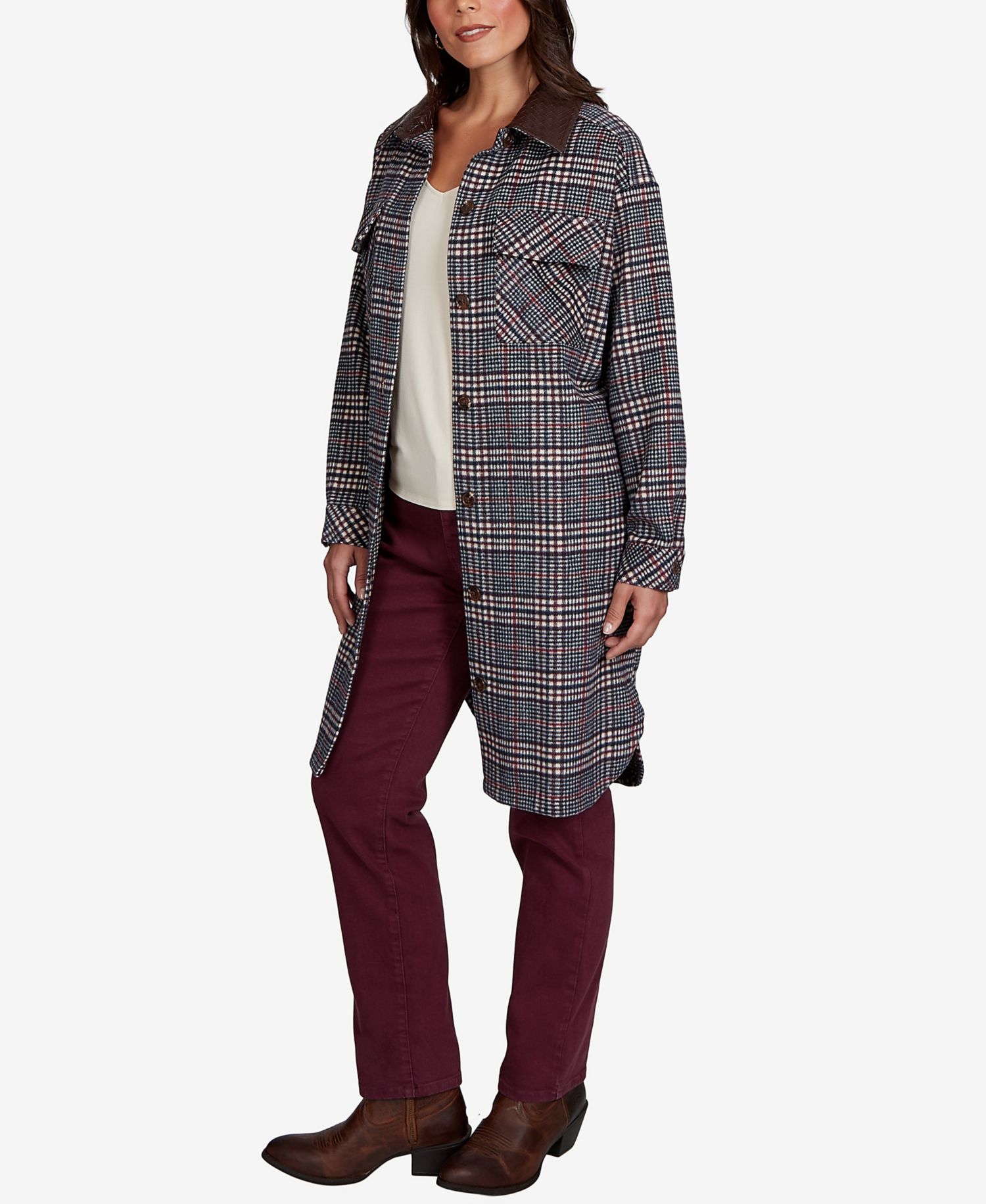 Petite Brushed Plaid Mid-Length Shirt Jacket