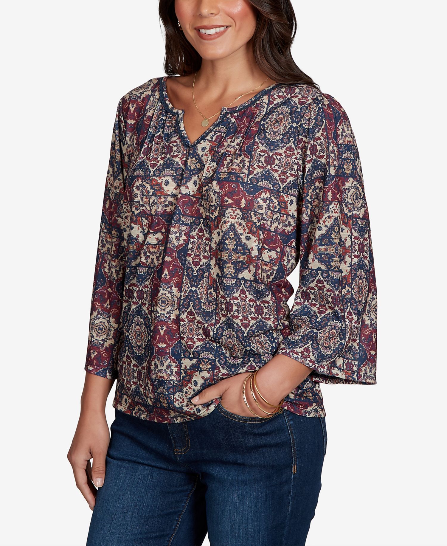Petite Patchwork 3/4-Sleeve Henley Blouse