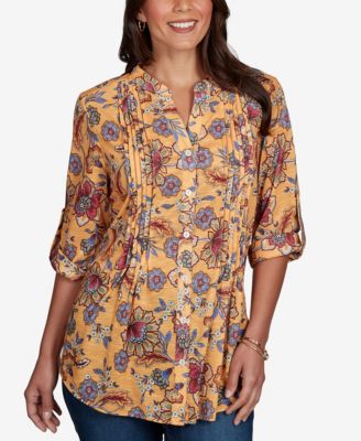 Petite Vines Henley 3/4-Sleeve Button-Front Top