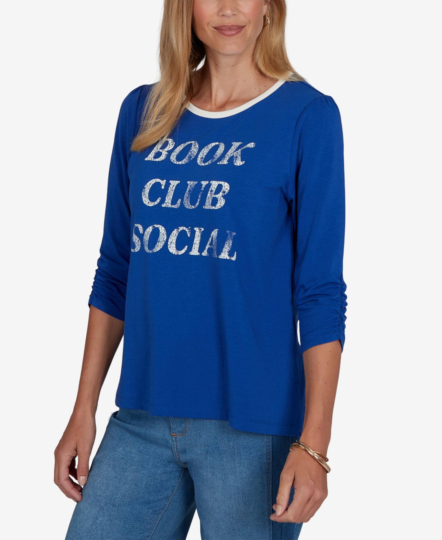 Petite Book Club 3/4-Sleeve Graphic-Print Top