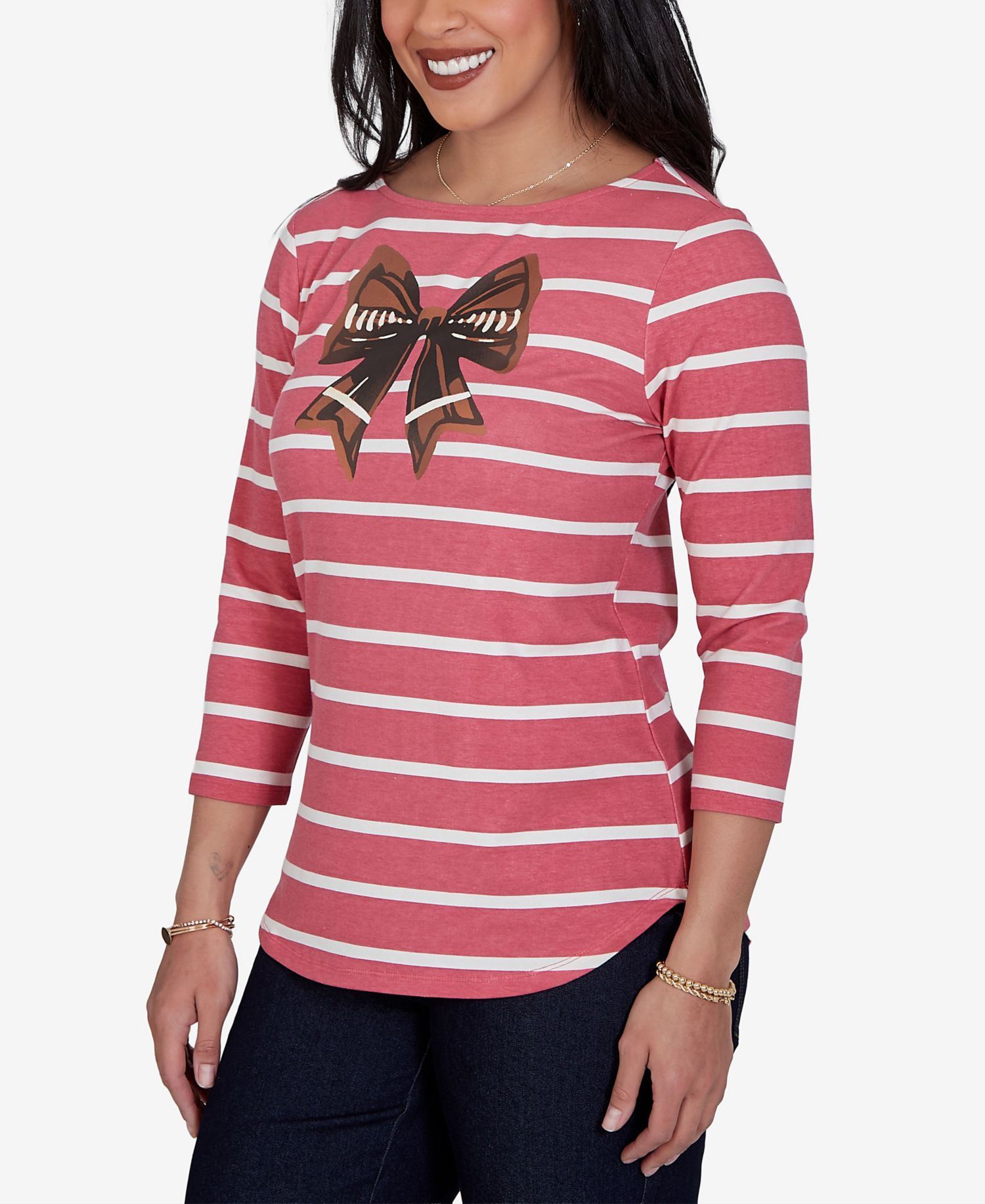 Petite 3/4-Sleeve Boat-Neck Curved-Hem T-Shirt