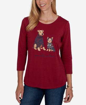 Petite Pawsitive Graphic Boat Neck 3/4-Sleeve Cotton-Blend T-Shirt