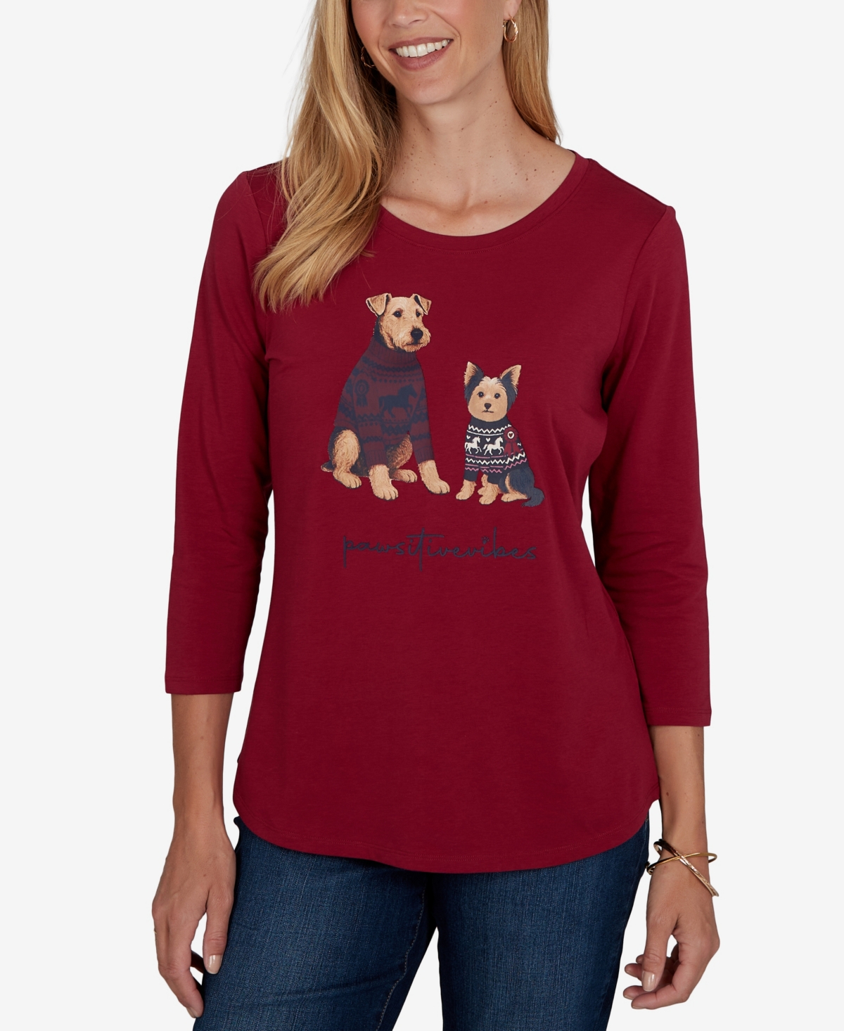 Ruby Rd. Petite Pawsitive Graphic Boat Neck 3/4-sleeve Cotton-blend T-shirt In Scarlet Multi