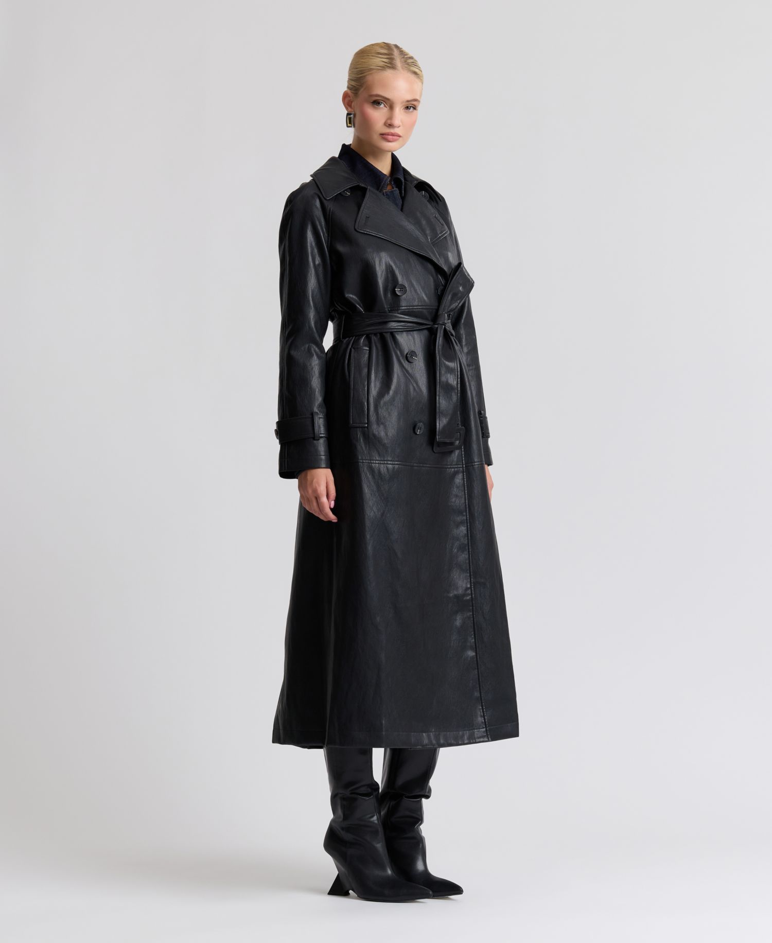Women's Faux-Leather Belted Raglan-Sleeve Trench Coat