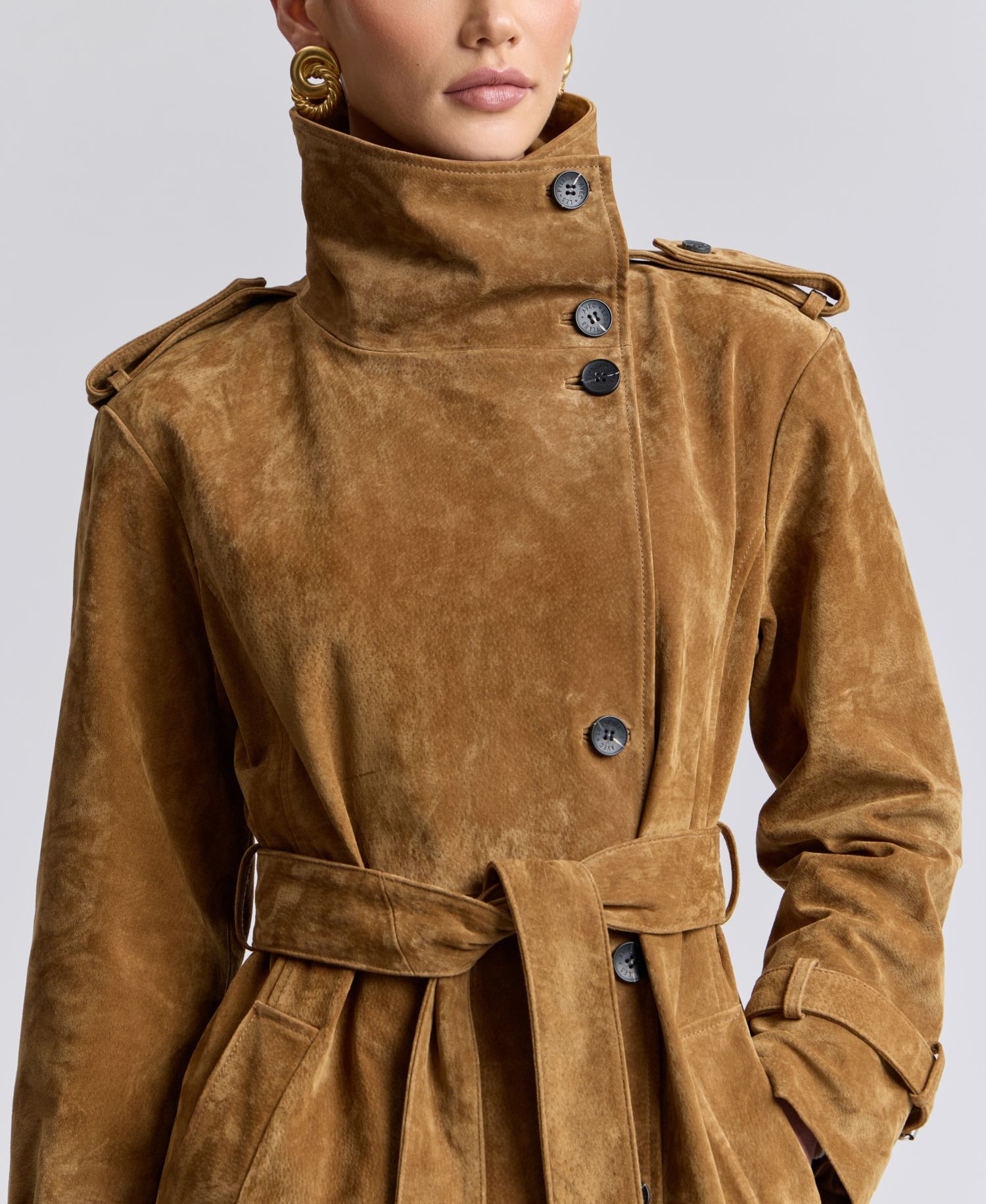 Women's Funnel-Neck Suede Oversized Trench Coat