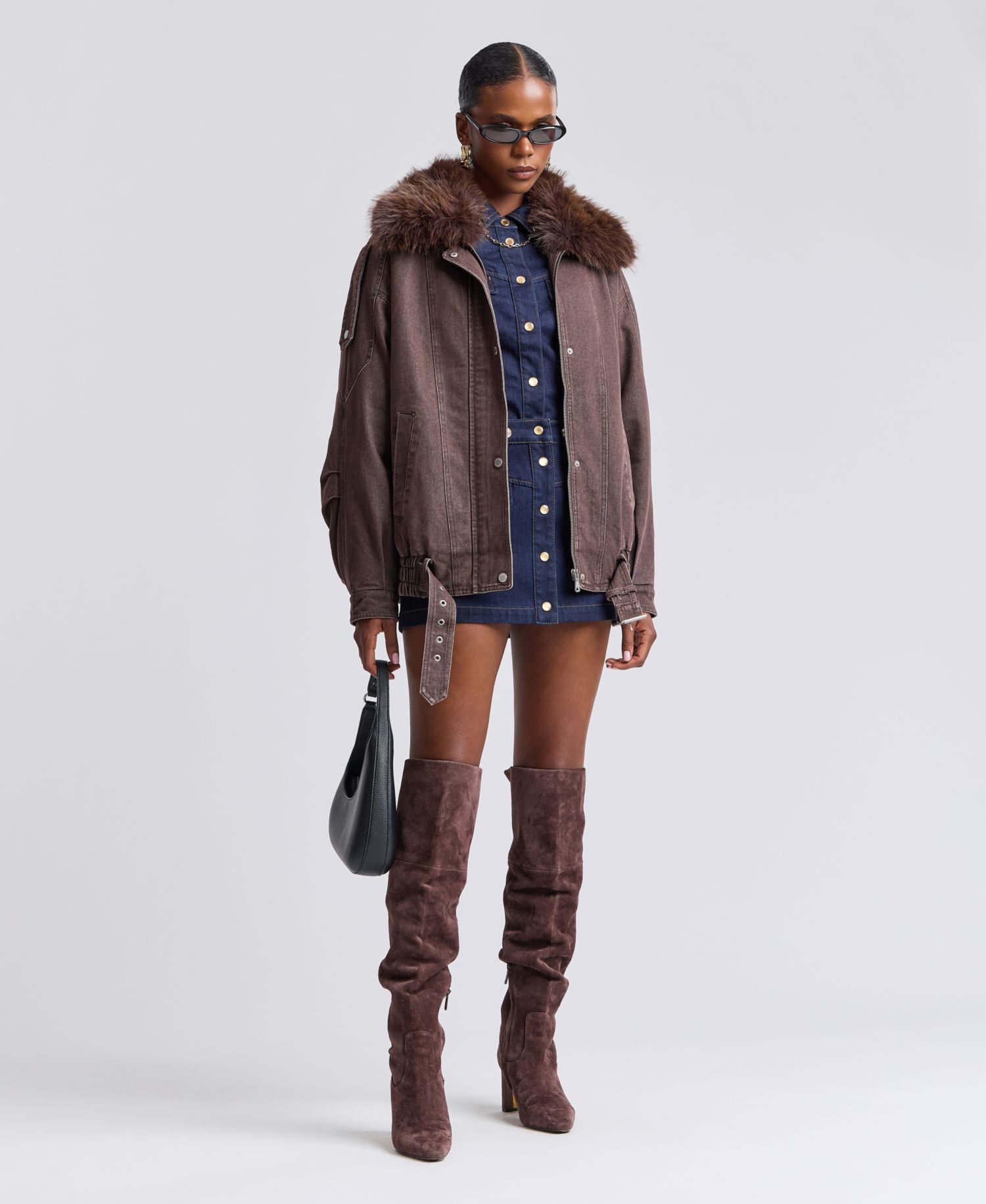 Women's Oversized-Fit Detachable Faux Fur Collar Bomber Coat