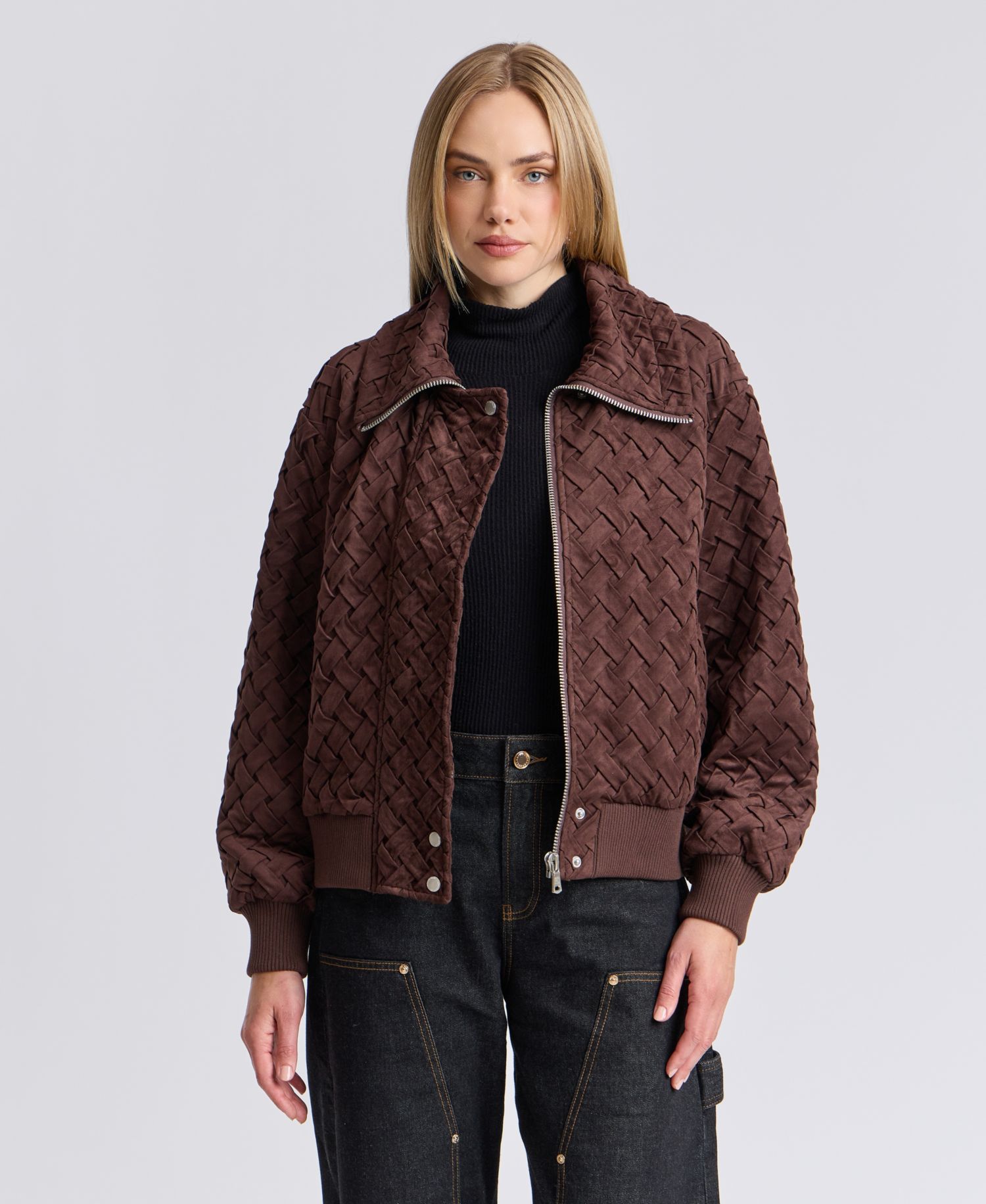 Women's Oversized Basketweave Faux Suede Bomber Coat