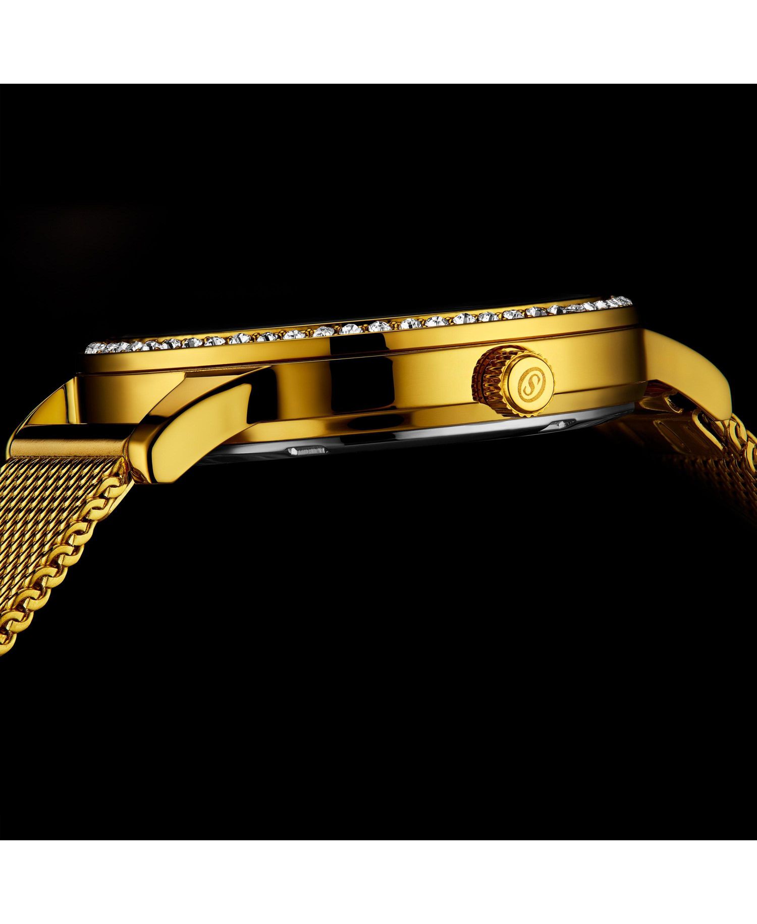 Women's Quartz Crystal Studded Gold Case and Gold Mesh Bracelet, Silver Dial, Gold Hands and Markers Watch