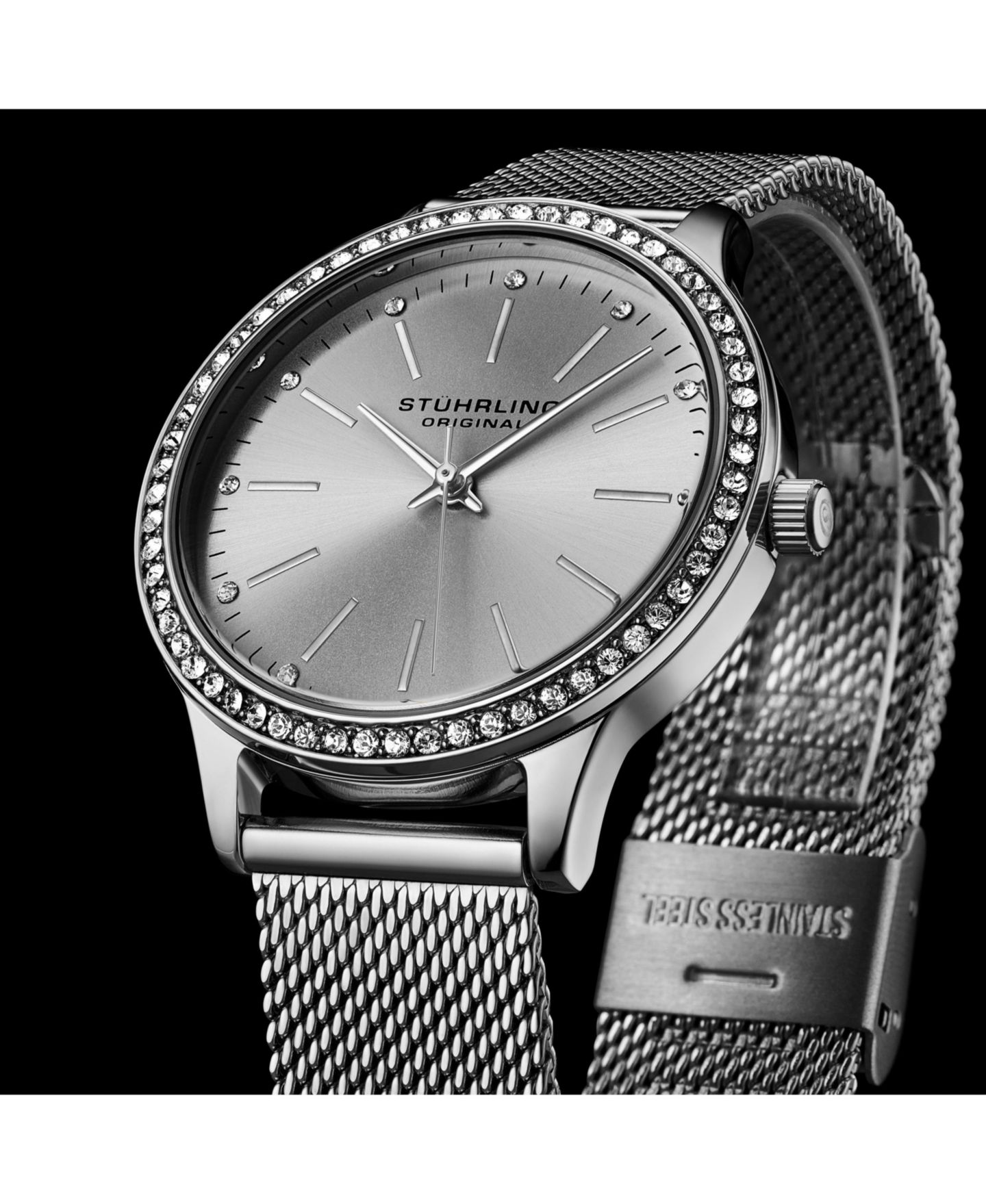 Женские часы Stuhrling Quartz Crystal Studded Silver Case and Silver Mesh Bracelet, Silver Hands and Markers Watch, цвет: Серебряный — фото 6