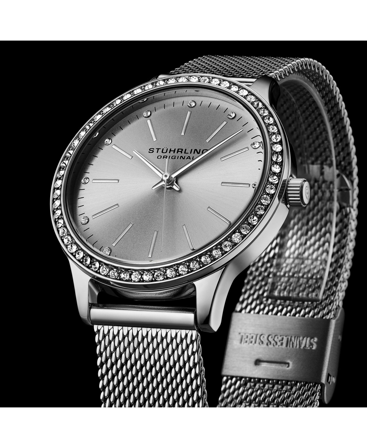 Women's Quartz Crystal Studded Silver Case and Silver Mesh Bracelet, Silver Hands and Markers Watch