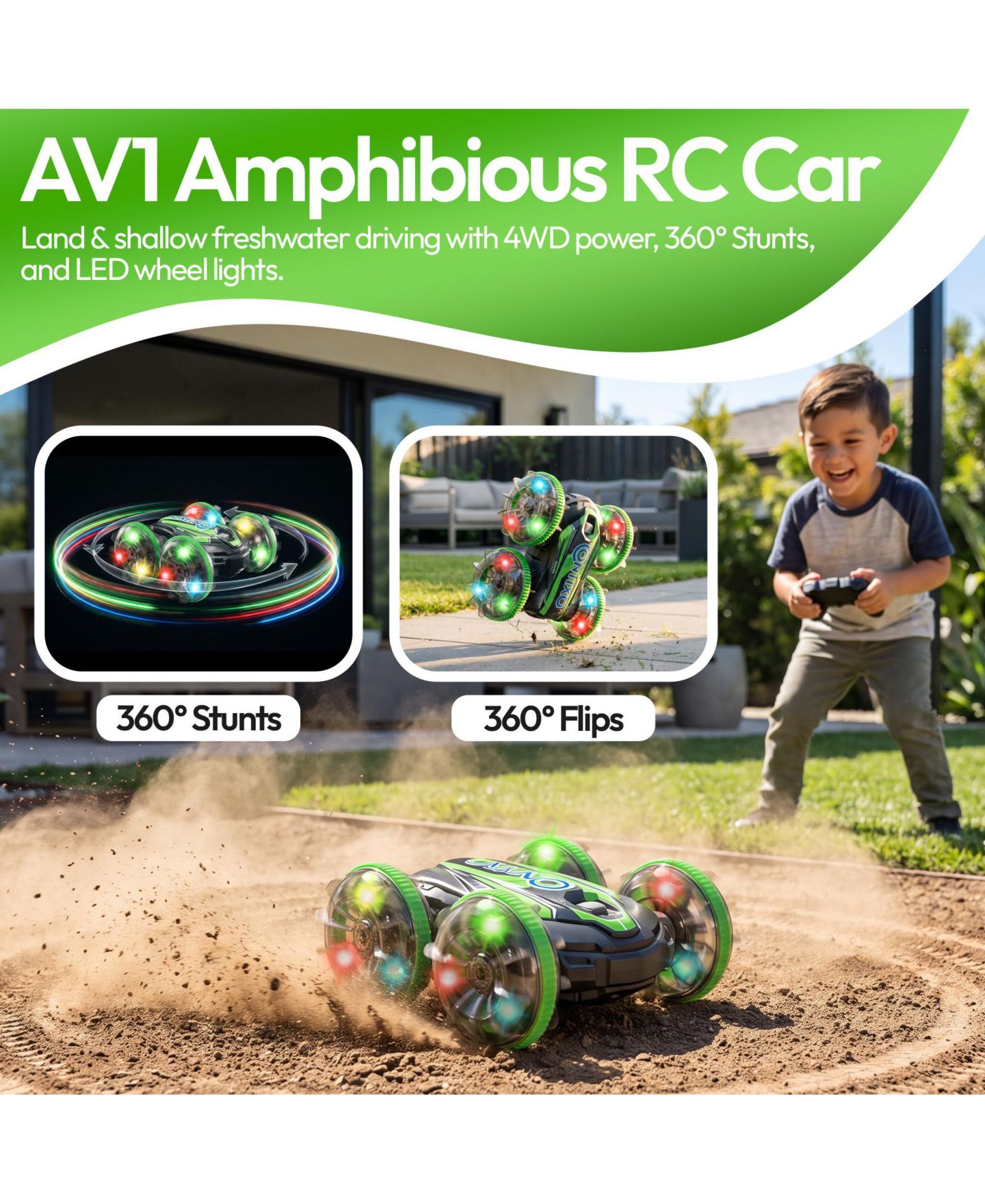 Детская игрушка Contixo AV1 4WD Amphibious RC Stunt Car with LED Lights, цвет: Зелёный — фото 5