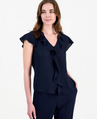 Women's Ruffle-Front V-Neck Short-Sleeve Blouse