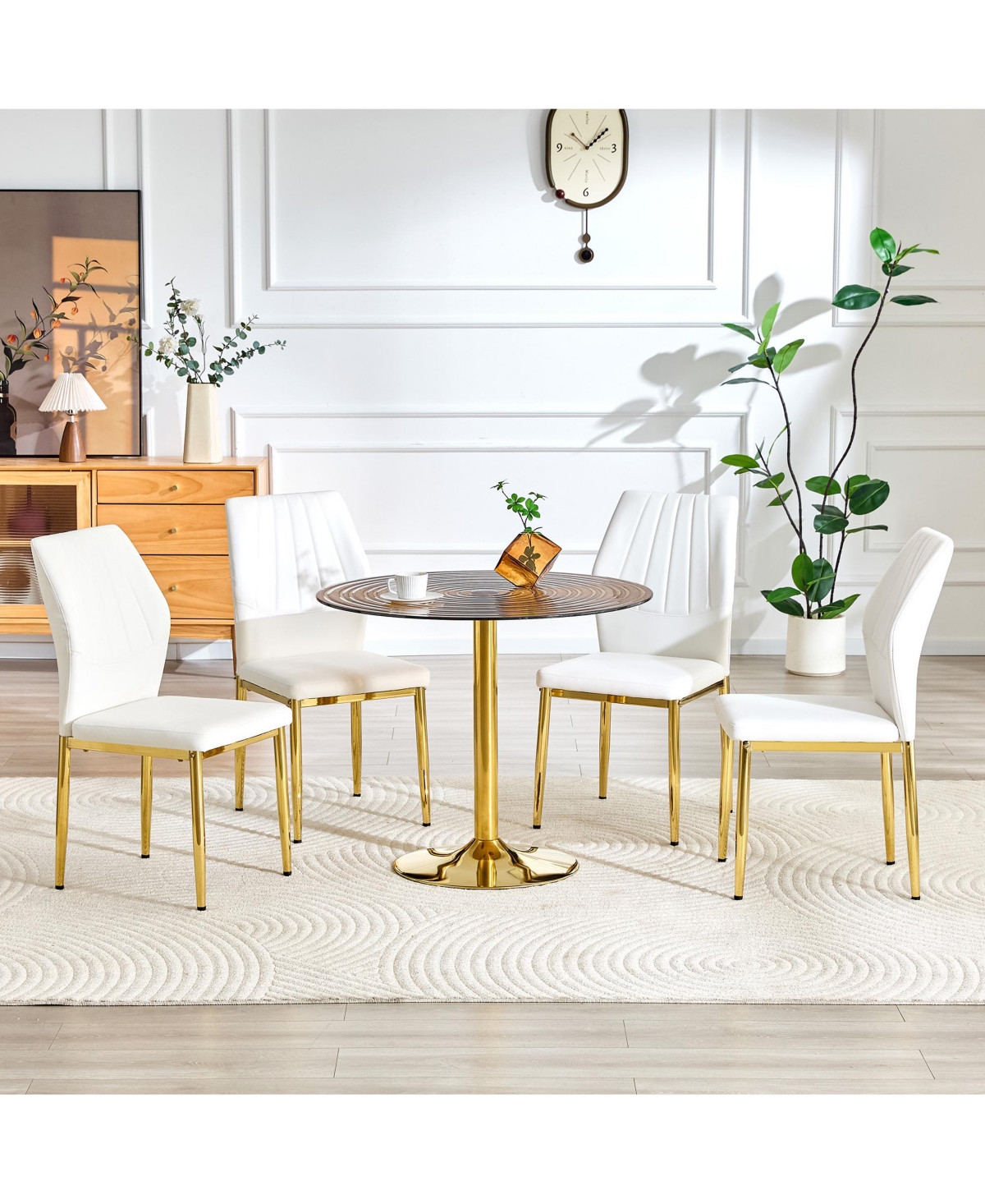 Flynama 5-Piece Ring Glass Round Dining Set, Gold Frame Table and 4 Pu Shell Chairs