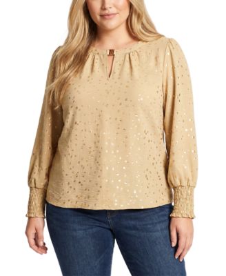 Plus Size Metallic-Dot Long-Sleeve Smocked-Cuff Blouse