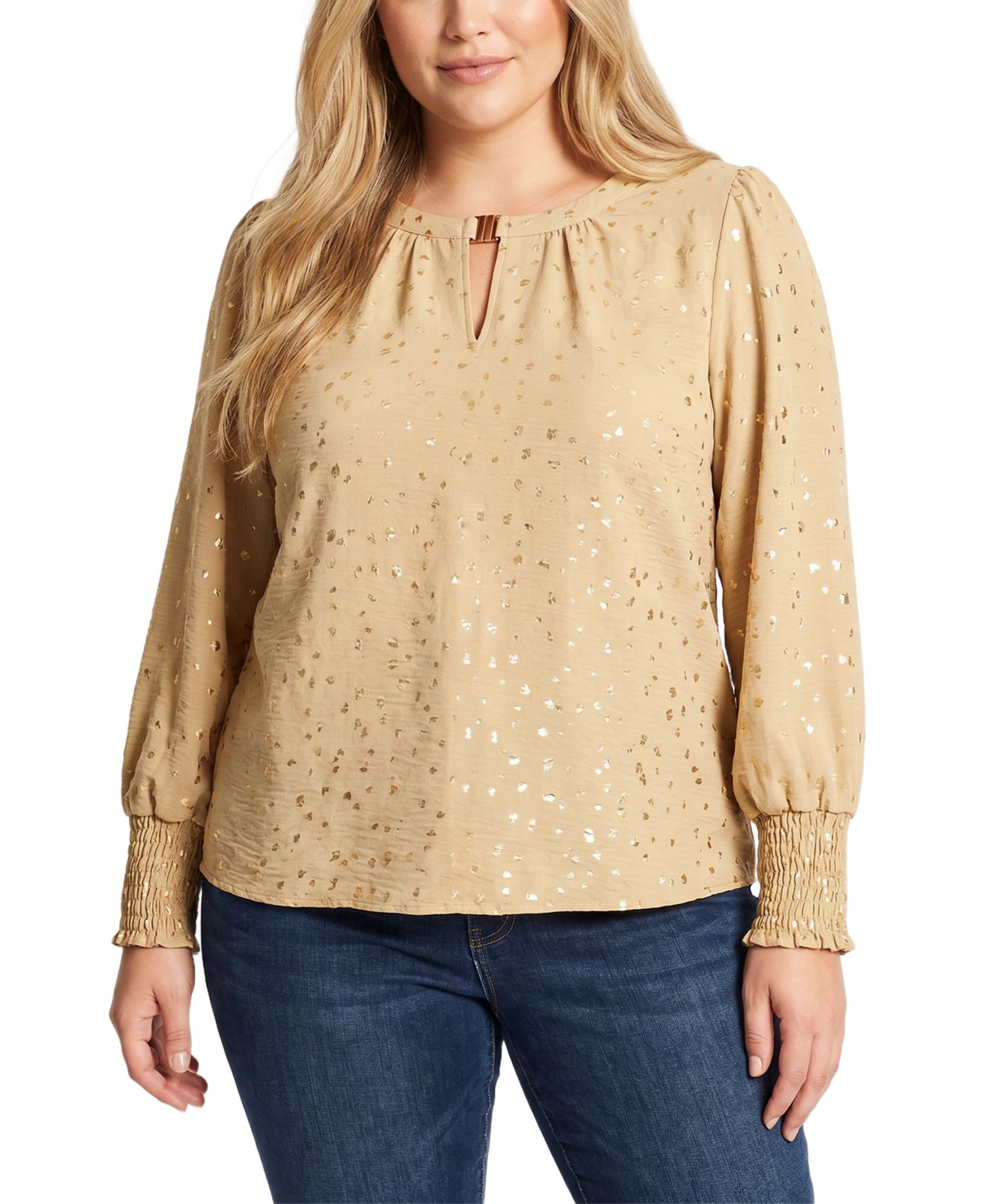 Plus Size Metallic-Dot Long-Sleeve Smocked-Cuff Blouse