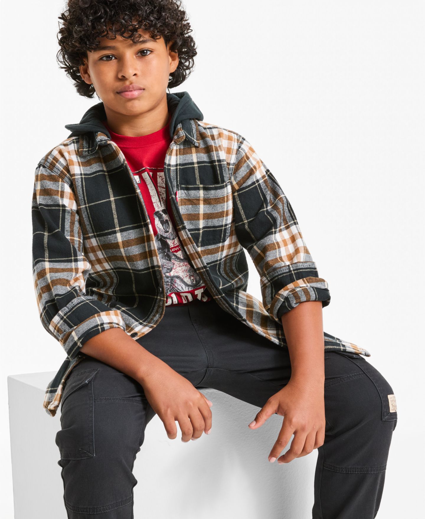 Рубашка Levi's Hooded Plaid Flannel Long-Sleeve для мальчиков, цвет: Угольно-чёрный — фото 3