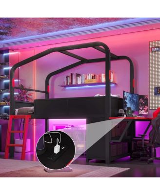 Twin Size Low Loft Bed with Desk, LED Lights, Storage and Canopy