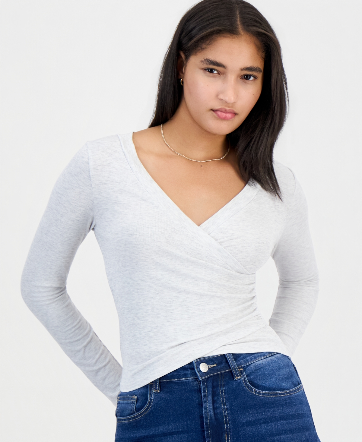 Madden Girl Juniors' Long-Sleeve V-Neck Wrap Top
