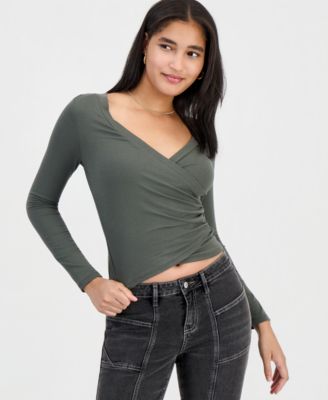 Juniors' Long-Sleeve V-Neck Wrap Top
