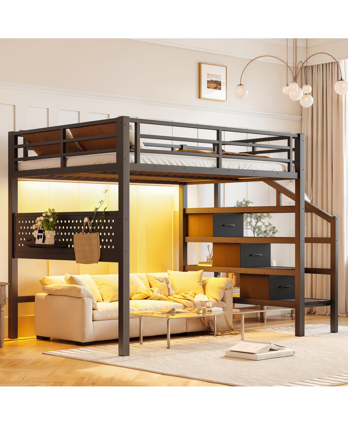 Streamdale Furniture Full Size Metal Loft Bed with Desk, Stairs, Usb, Led and Storage Drawers