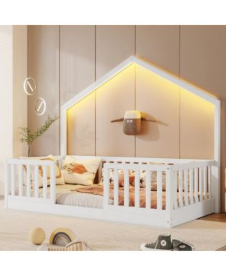 Twin Floor Bed with High Rails and Light for Kids