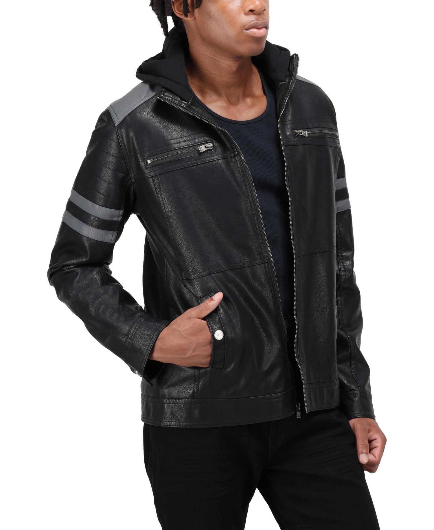 XRAY Men's Grainy PU Leather Hooded Jacket With Faux Shearling Lining
