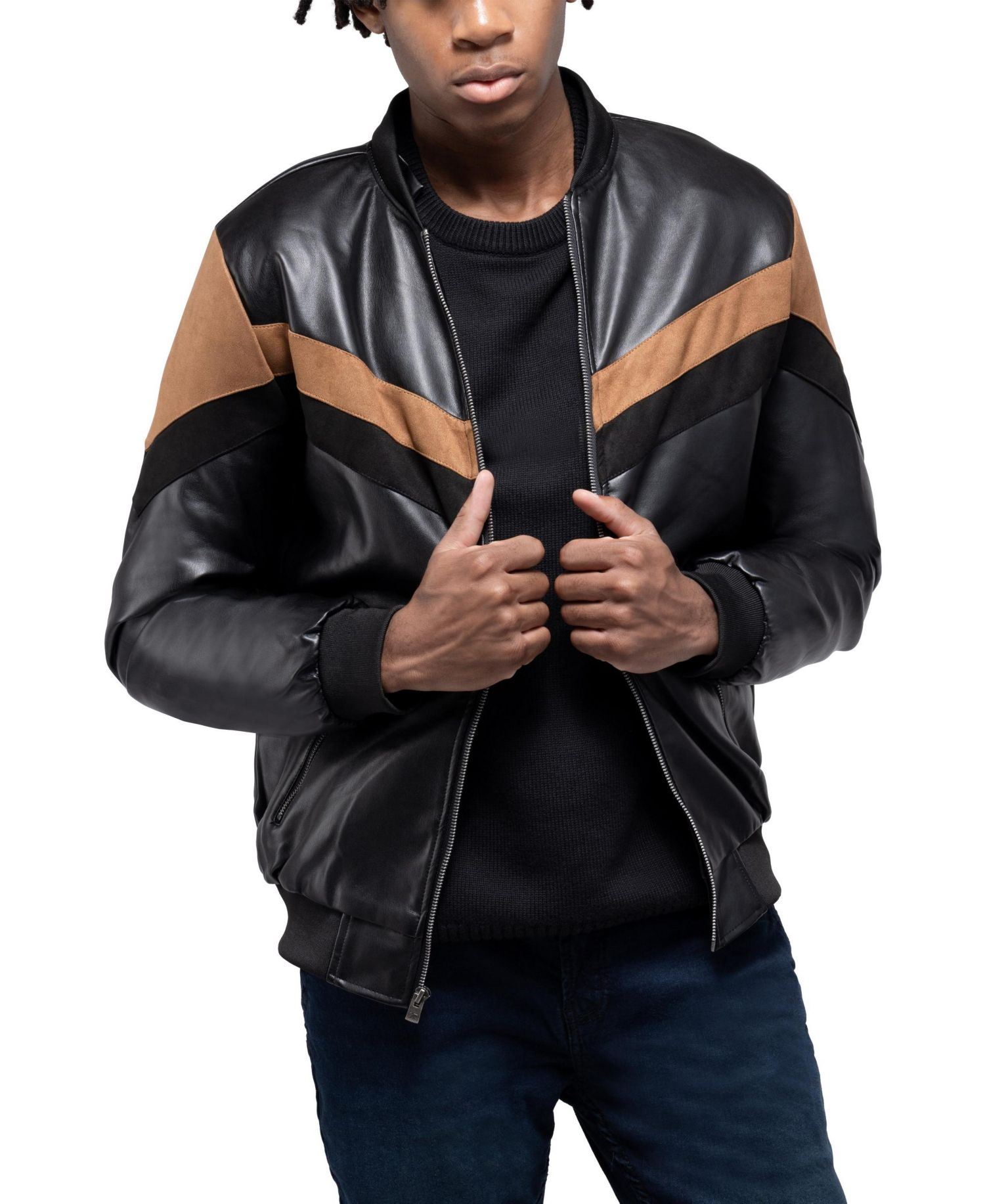 XRAY Men's Shiny PU Hooded Jacket With Faux Suede Detailing And Faux Shearling Lining