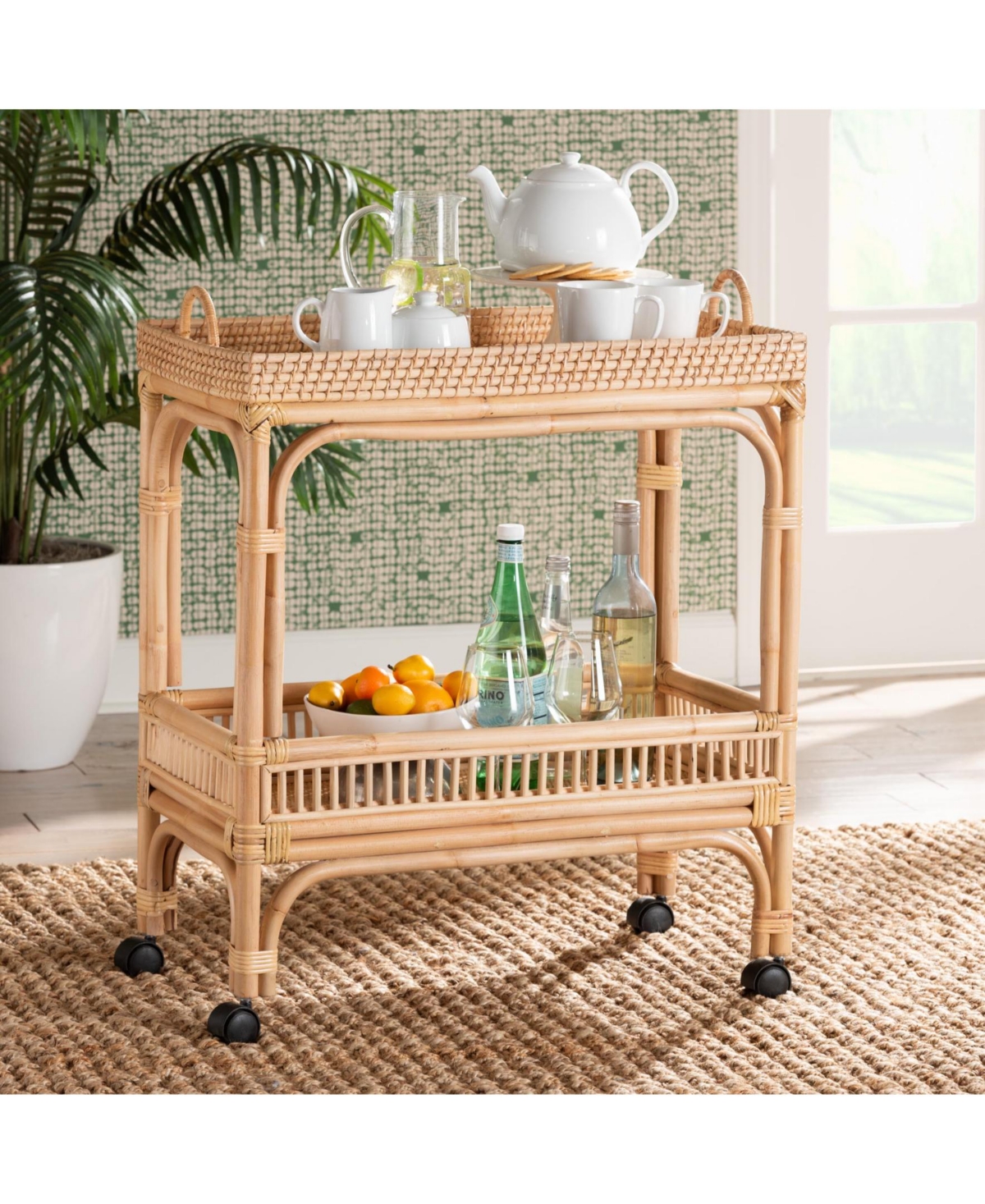 Bali Pari Lombok 32.3" Rattan Modern Bohemian Wine Cart