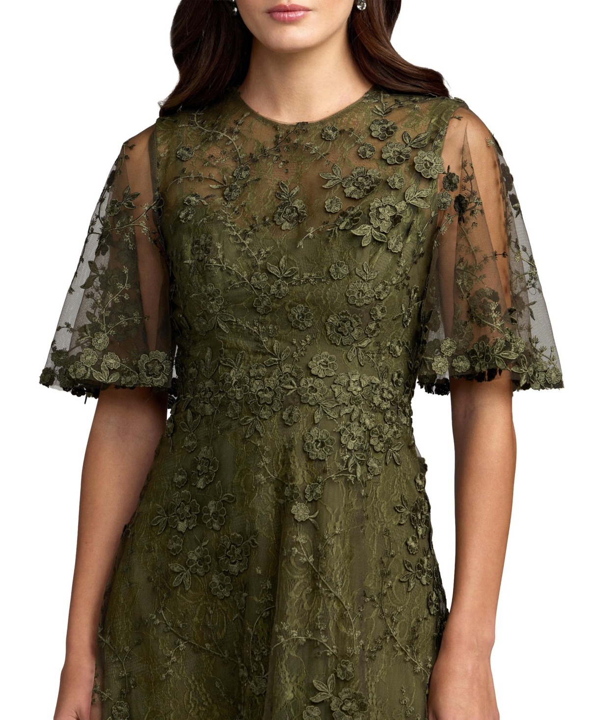 Mac Duggal Women's Flutter Sleeve Embroidered Midi Dress