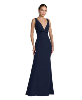 Women's Crepe Sleeveless V Neck Sheath Gown With Bow