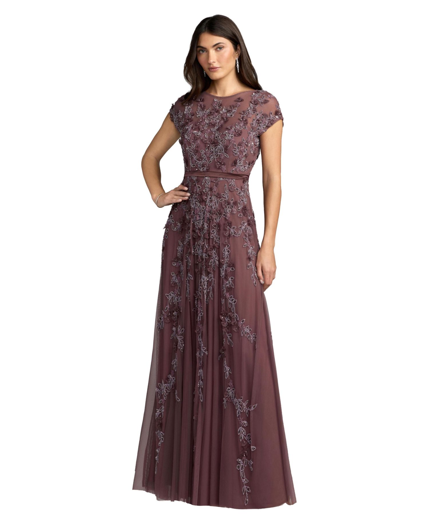 Women's Floral-Embellished A-Line Cap-Sleeve Gown