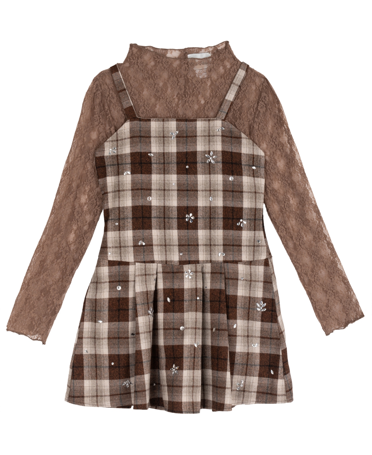 Rare Editions Girls' 7-16 Rhinestone Plaid Jumper and Lace Top, 2-Piece Set