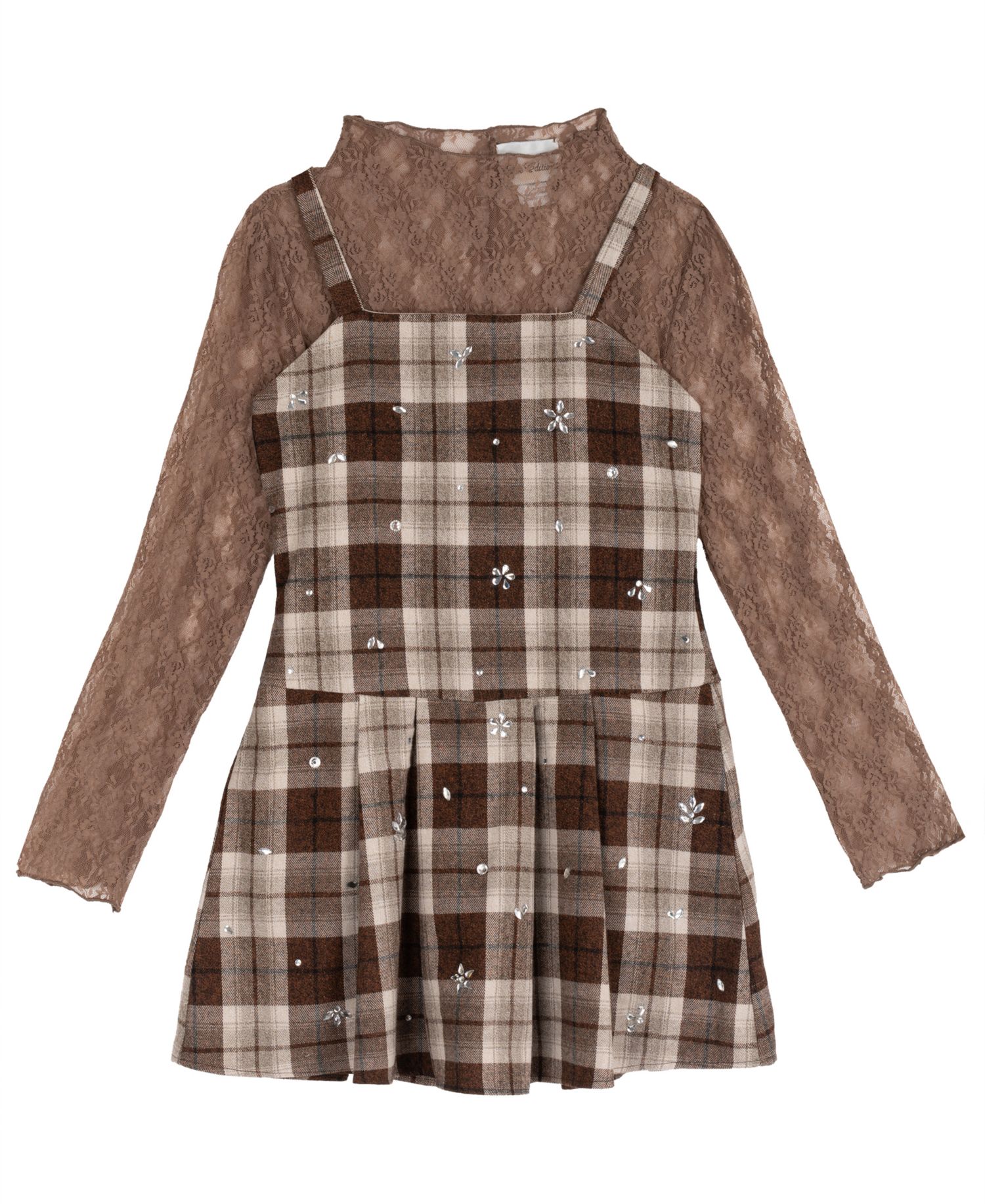 Girls' 7-16 Rhinestone Plaid Jumper and Lace Top, 2-Piece Set