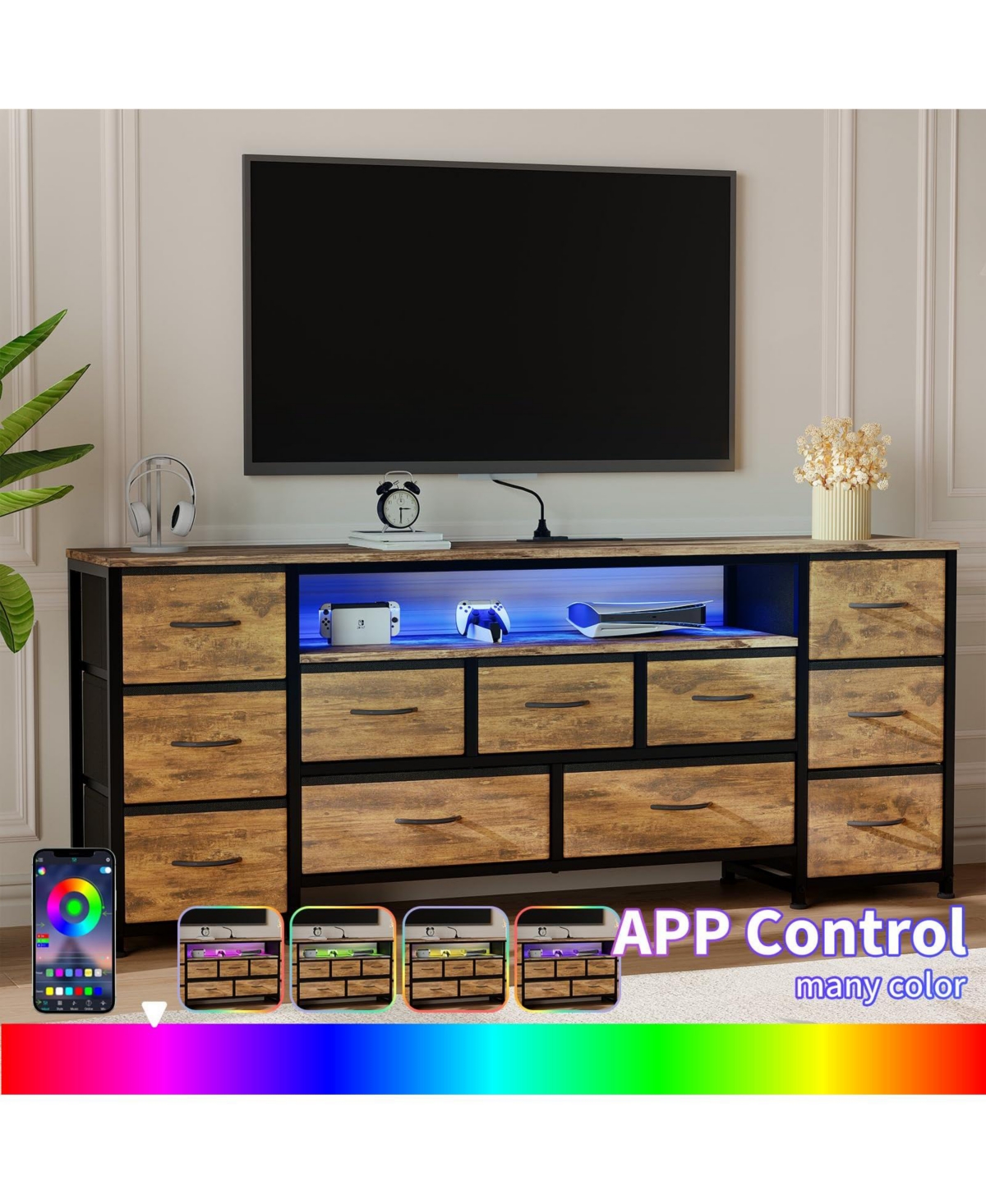 63" 11-Drawer Dresser and Tv Stand with Power Outlets and Led Lights, Entertainment Center